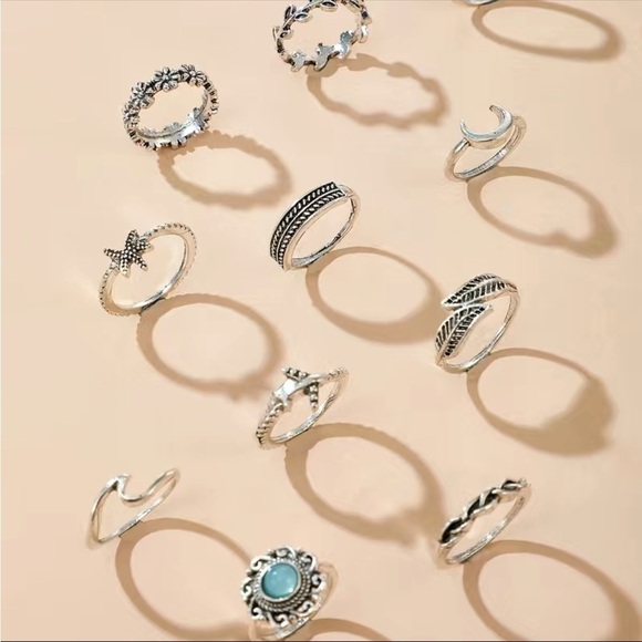 Boho Leaf Moon Gemstone Ring Set 11pc - Picture 3 of 5